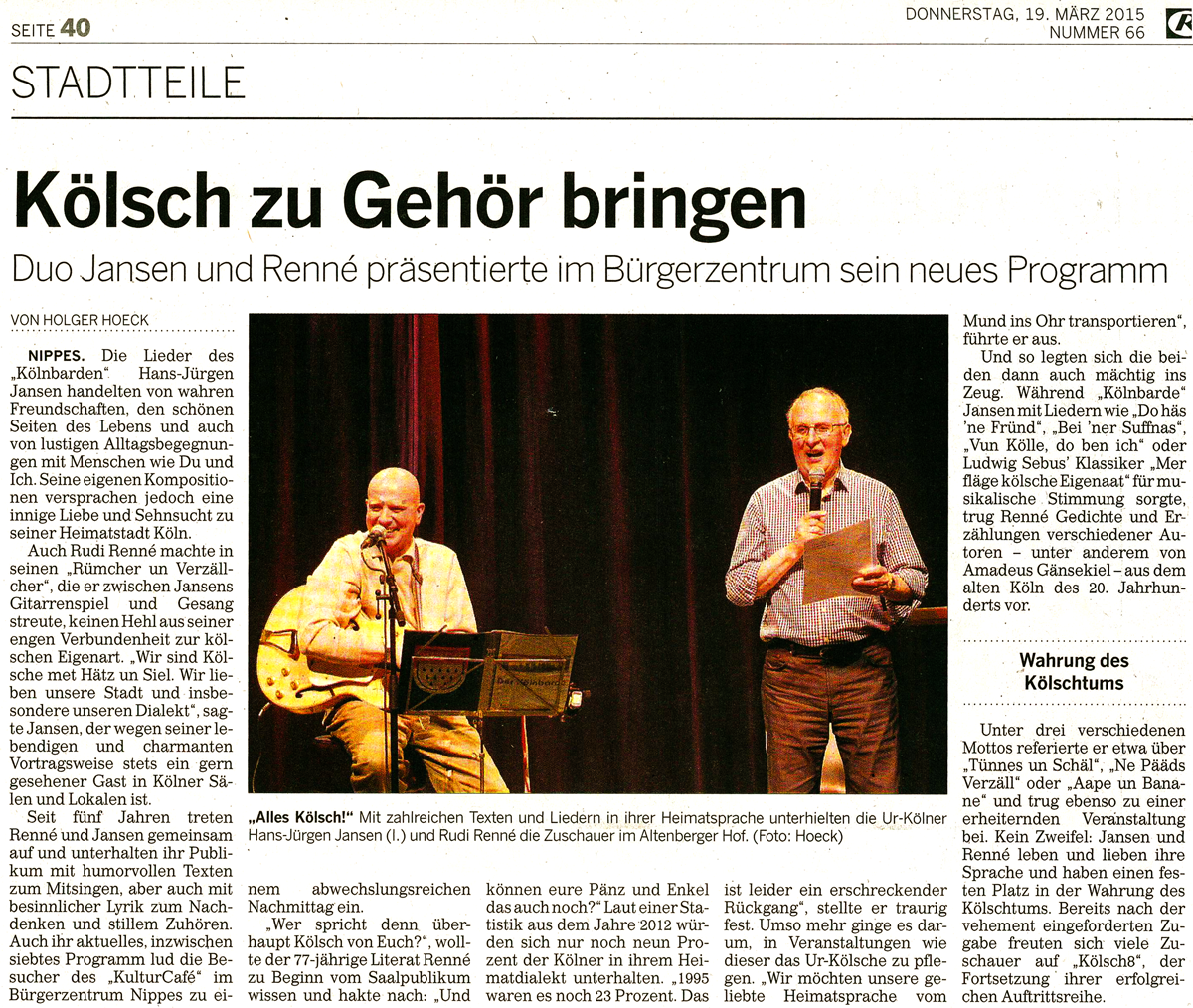 Artikel in der Kölnischen Rundschau vom 19. März 2015